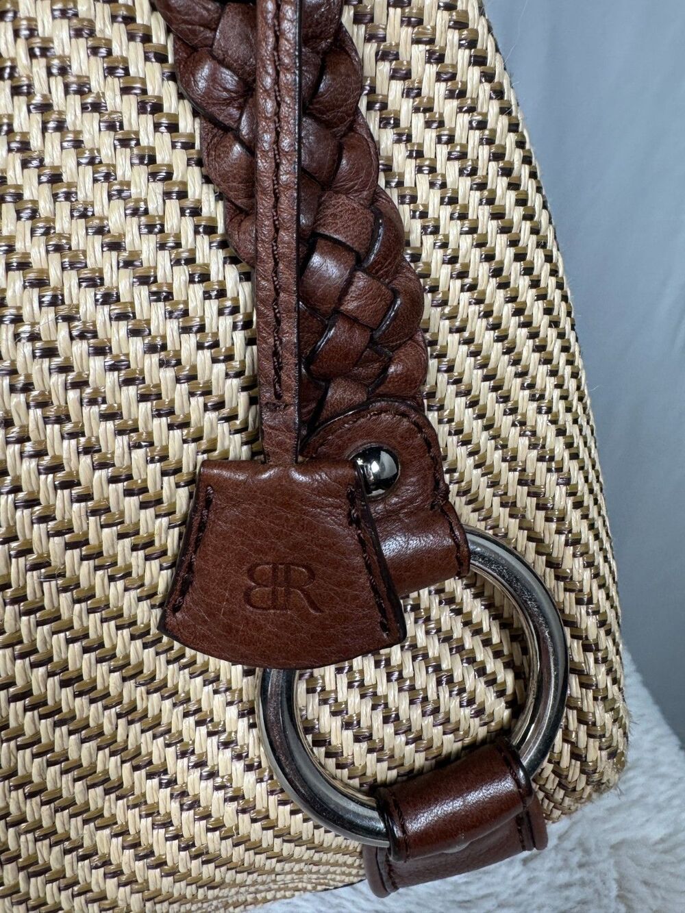 EUC Banana Republic Tan & Brown Woven Shoulder Bag Leather Trim Silver hardware - Picture 7 of 13